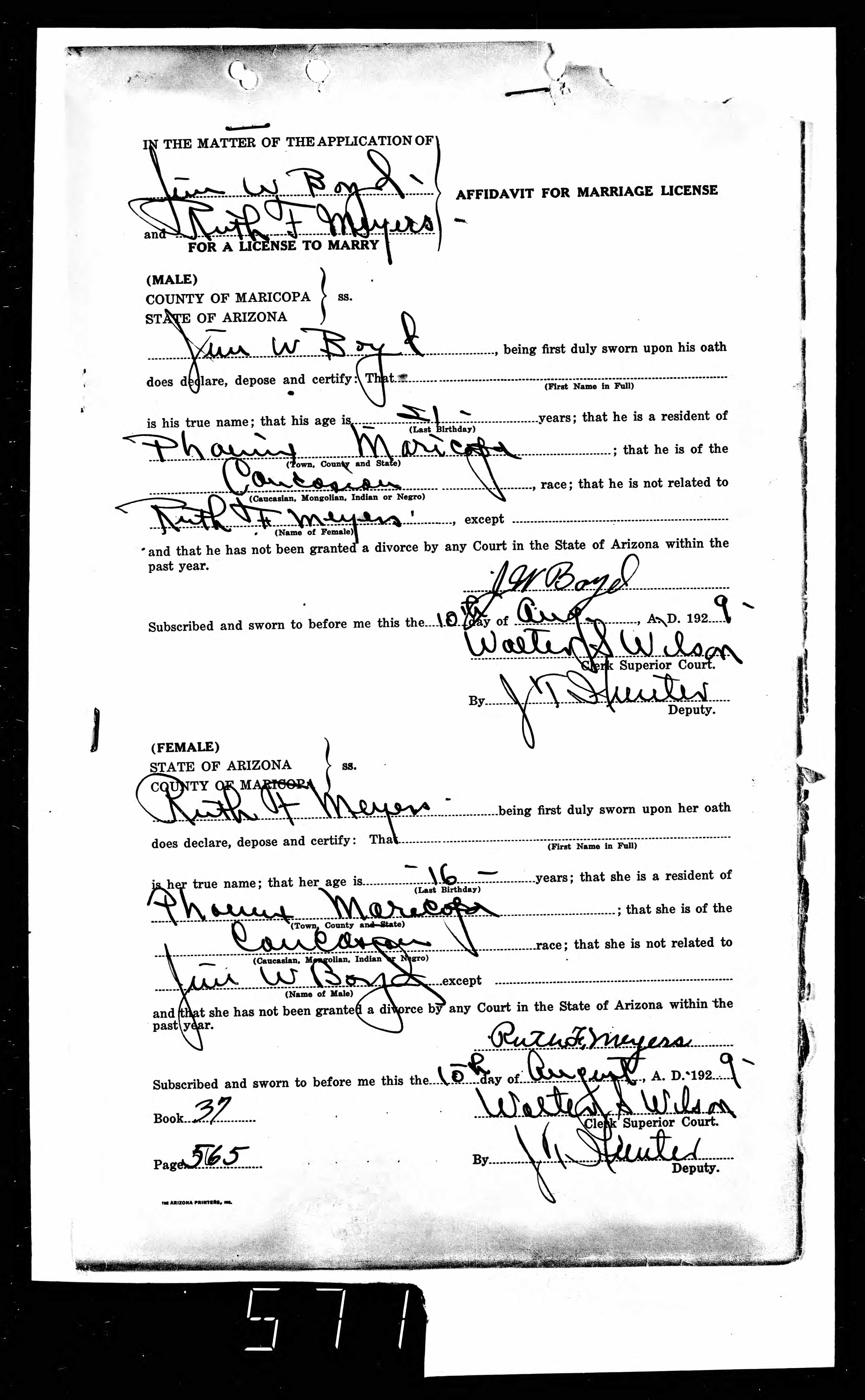 Affadavit for a marriage license for Jim W. Boyd and Ruth F. Meyers