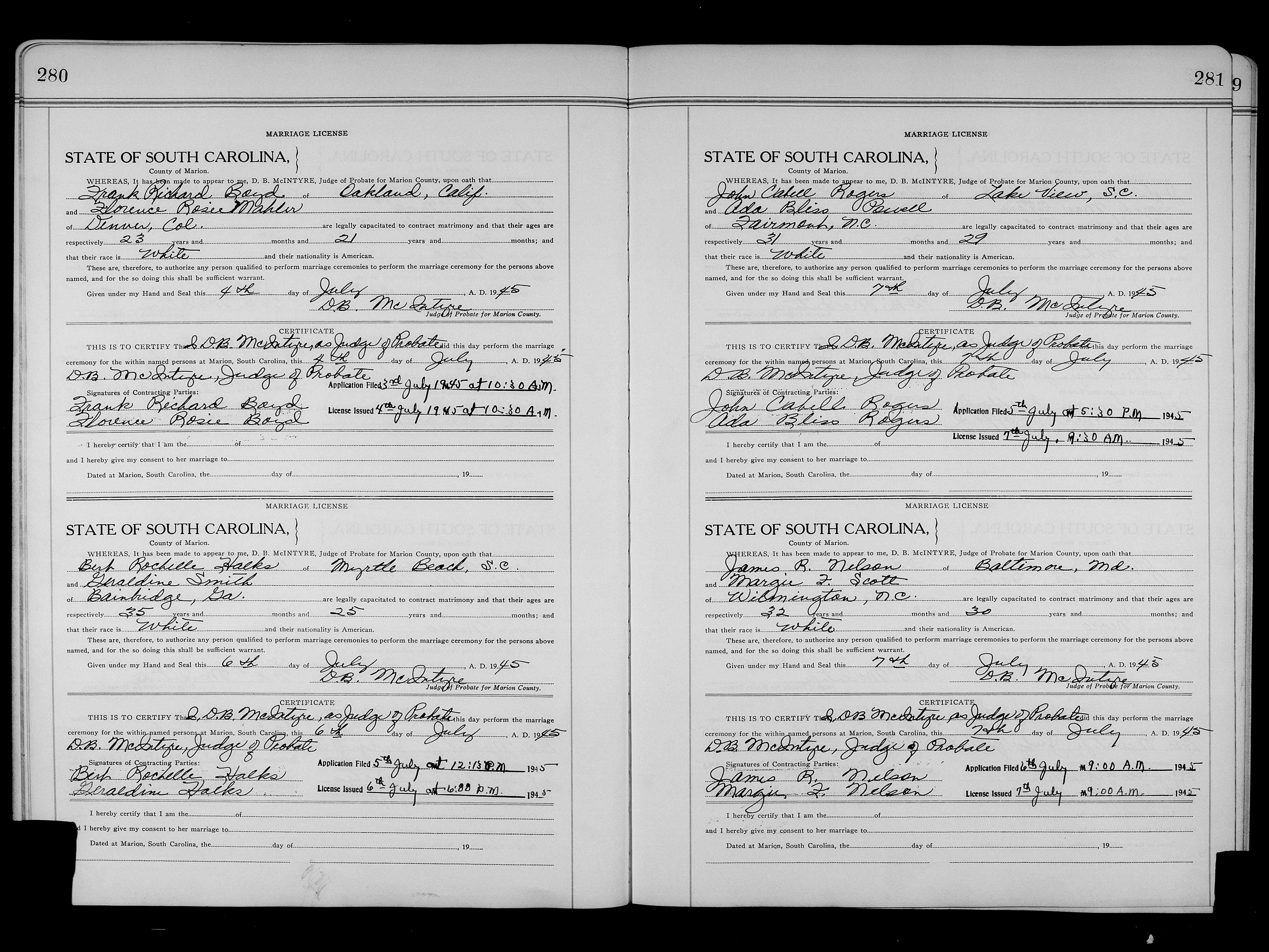 Marriage record of Frank Richard Boyd and Florence Rosie Mahler