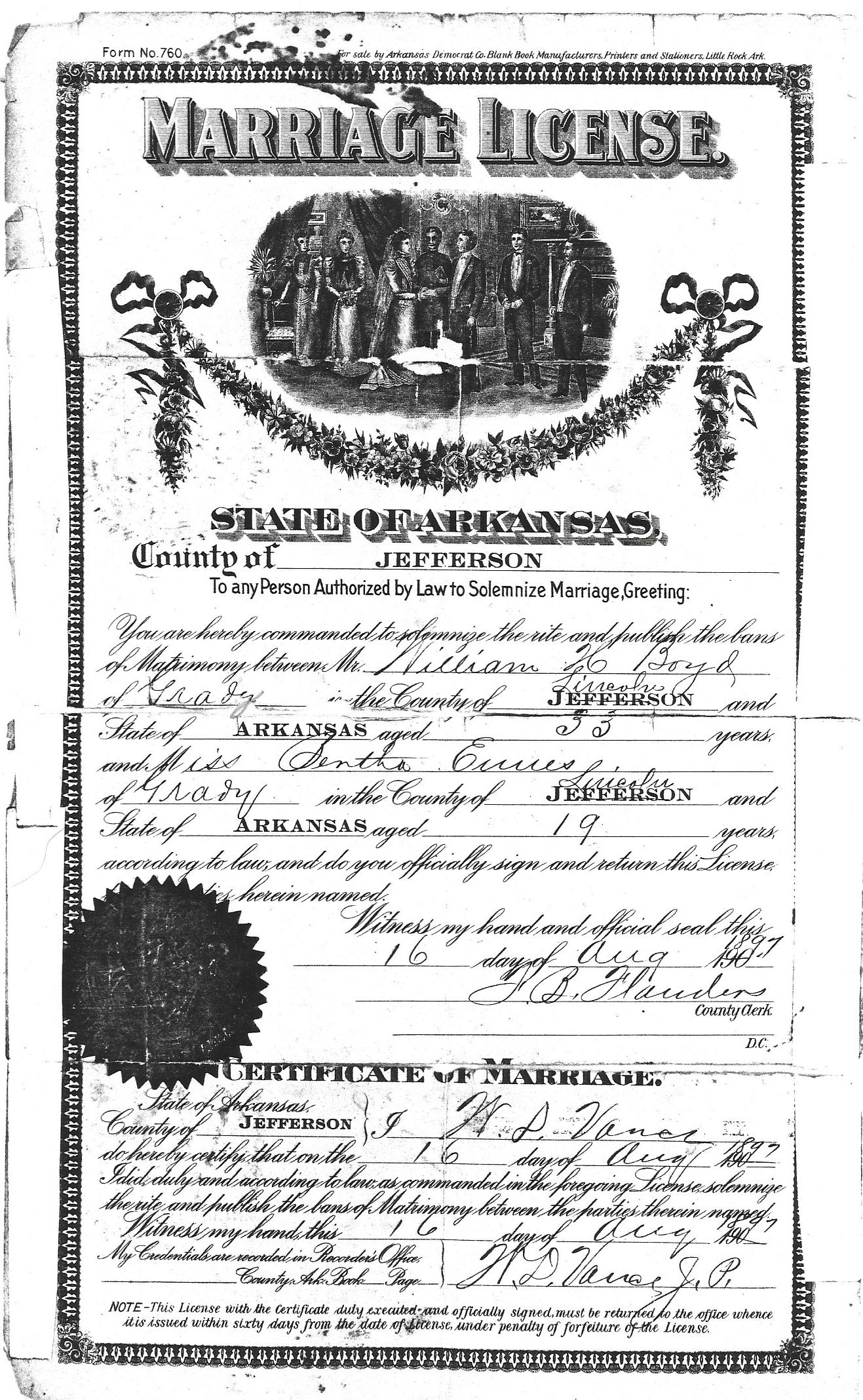 Marriage license of William H. Boyd and Bertha Ennes