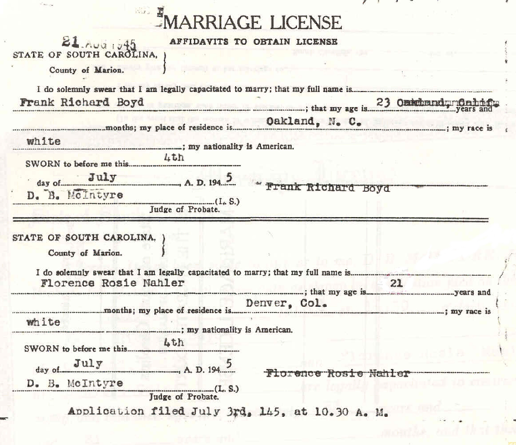 Affadavits to obtain a marriage license for Frank Richard Boyd and Florence Rosie Mahler