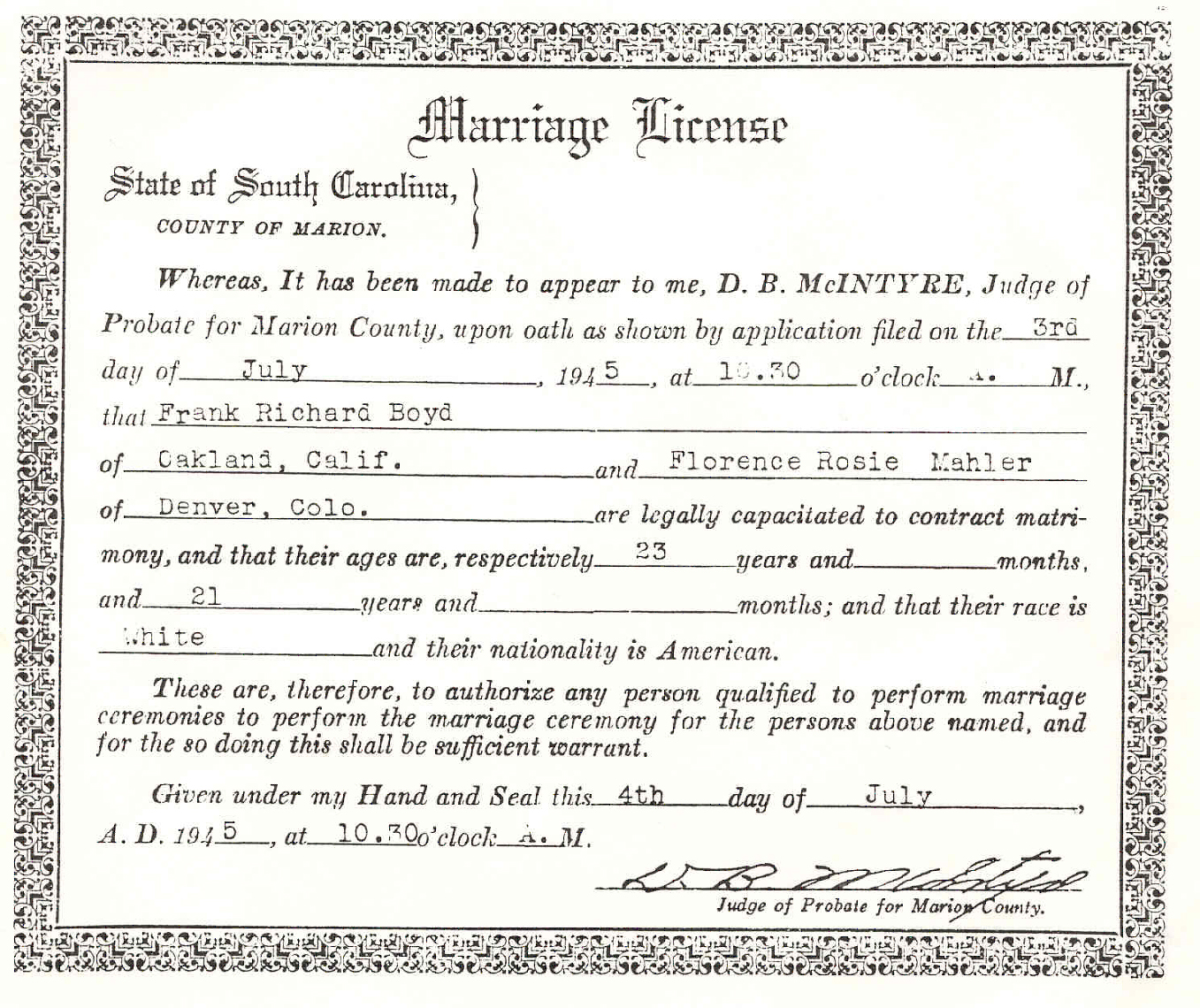 Marriage license of Frank Richard Boyd and Florence Rosie Mahler