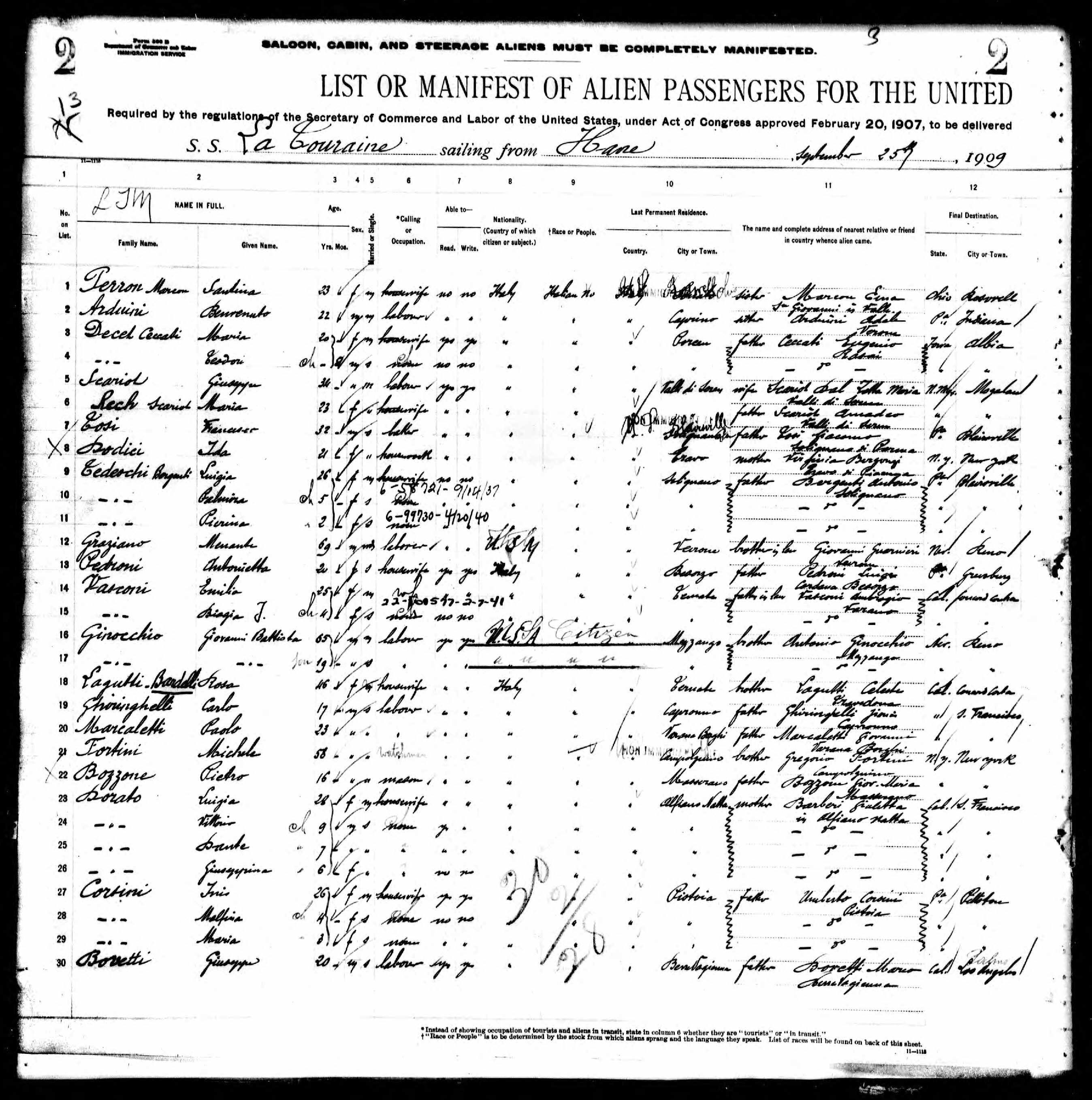 Passenger list of SS La Touraine, sailing from Le Havre to New York, New York, including Dante Dorato