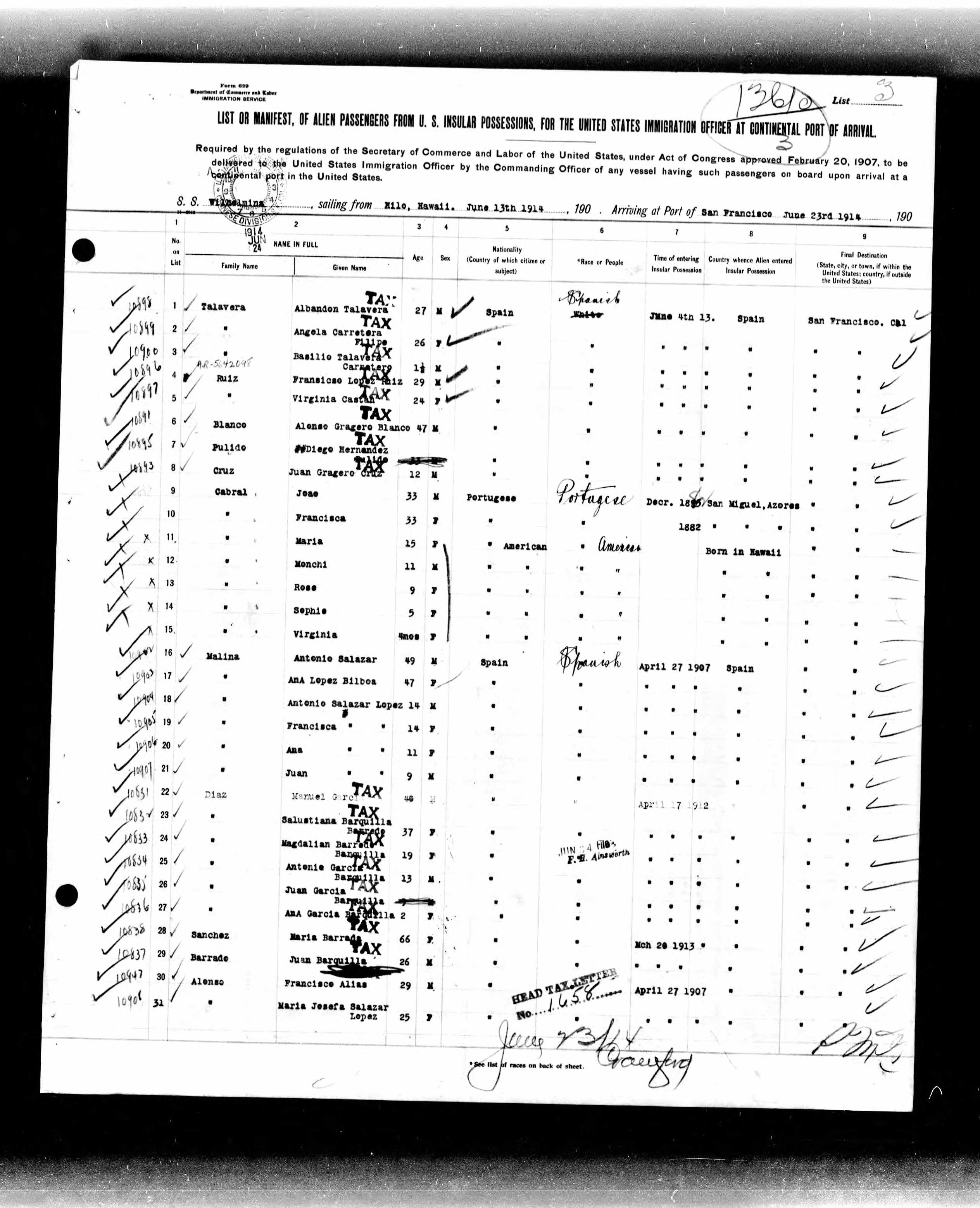 Passenger list of SS Wilhelmina, sailing from Hilo, Hawaii to San Francisco, California, including Virginia Cabral