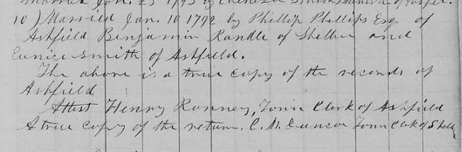 Marriage record of Benjamin Randle and Eunice Smith