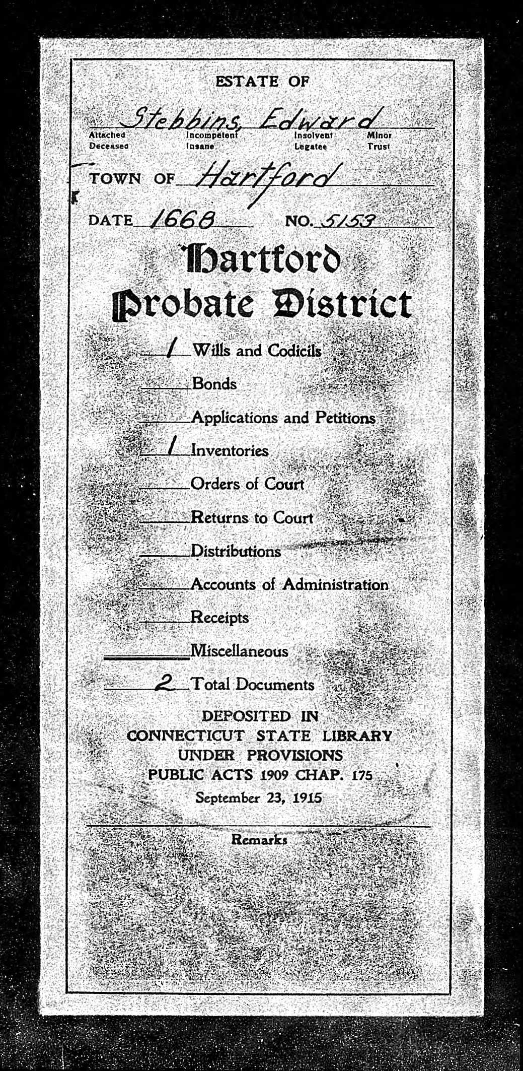 Cover page for the probate records of Edward Stebbins