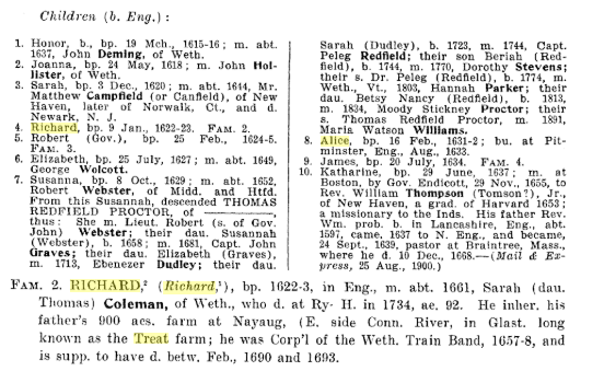 Richard Treat in Families of Ancient Wethersfield, part 2 of 2