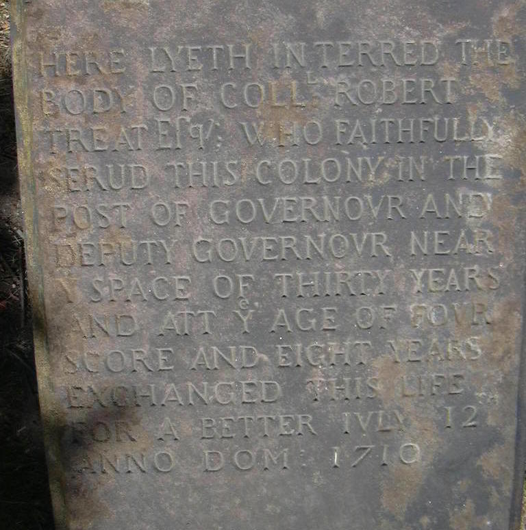 Close-up of inscription on Robert Treat's tomb