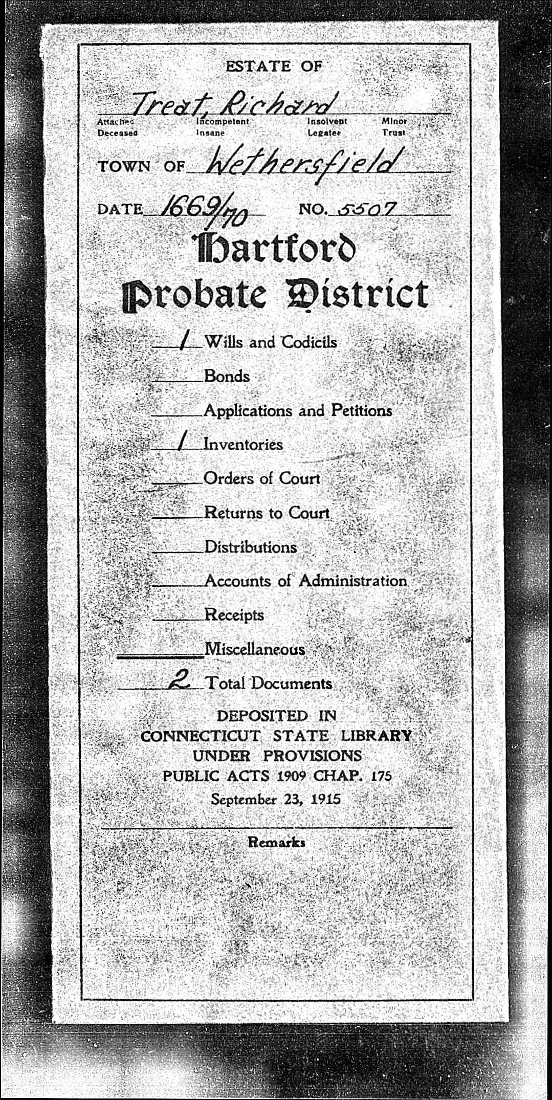 Cover page of Richard Treat's probate records