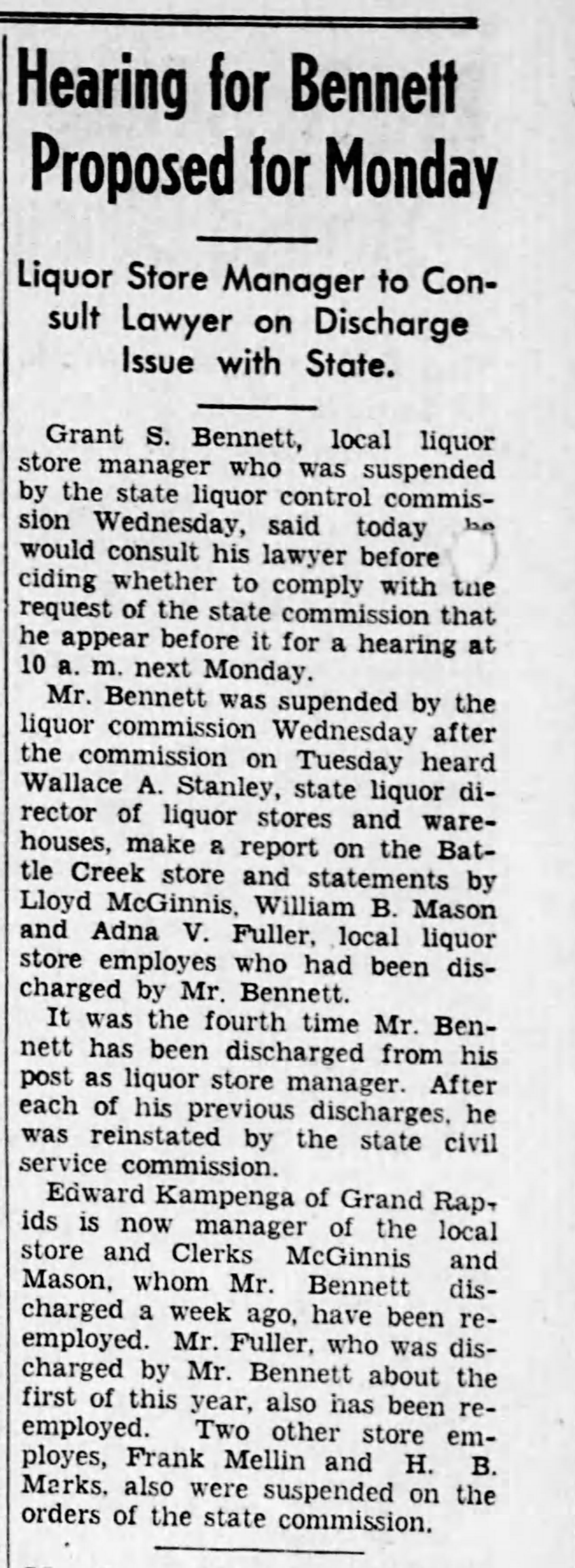 Article about the discharge of a liquor store owner, mentioning that Adna V. Fuller had made a statement