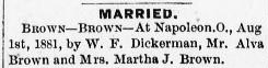 Marriage notice for Alva Brown and Mrs. Martha J. Brown