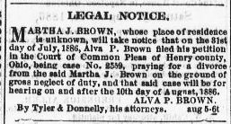 Legal notice of the petition for a divorce by Alva P. Brown from Martha J. Brown