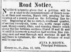 Road notice with Alva P. Brown as chief petitioner