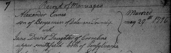 Marriage record of Alexander Ennes and Jane Dewit