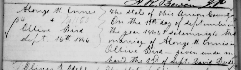 Marriage record of Alonzo H. Ennes and Ollive Bird