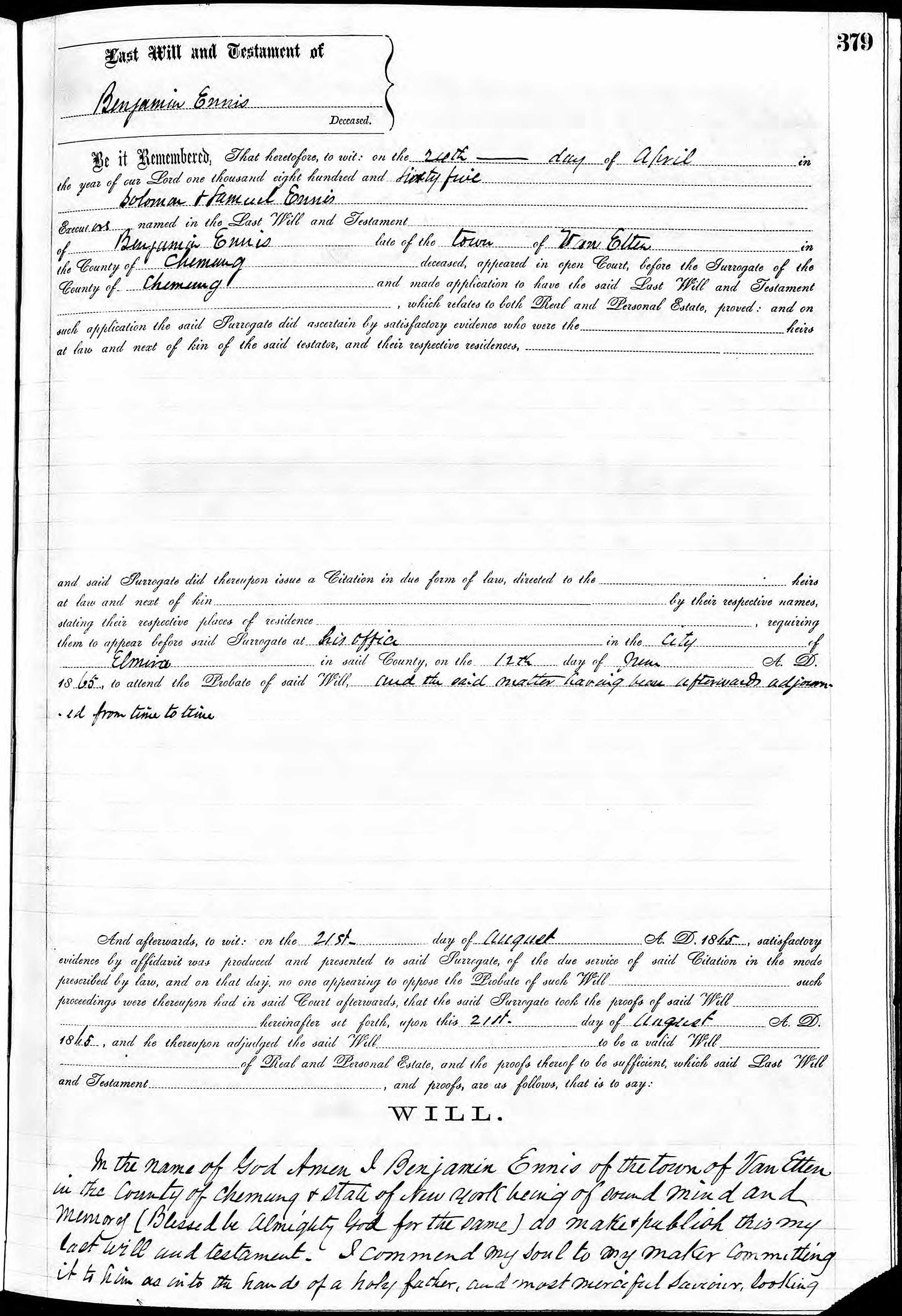 Page 1 of Benjamin Ennis' will