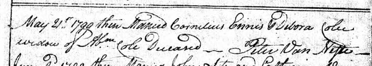 Marriage record of Cornelius Ennis and Debora Cole, widow