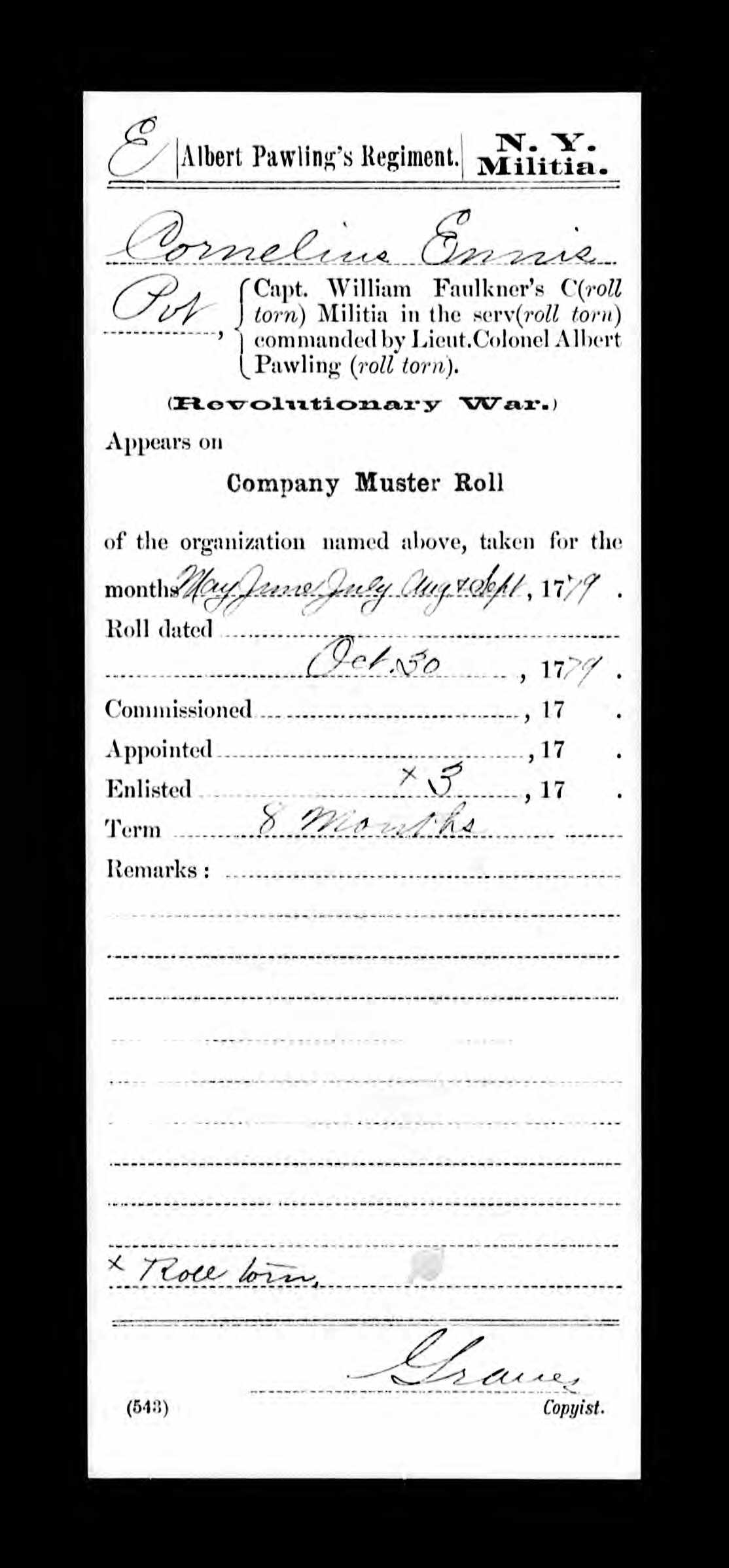 Service record for Cornelius Ennis, page 2