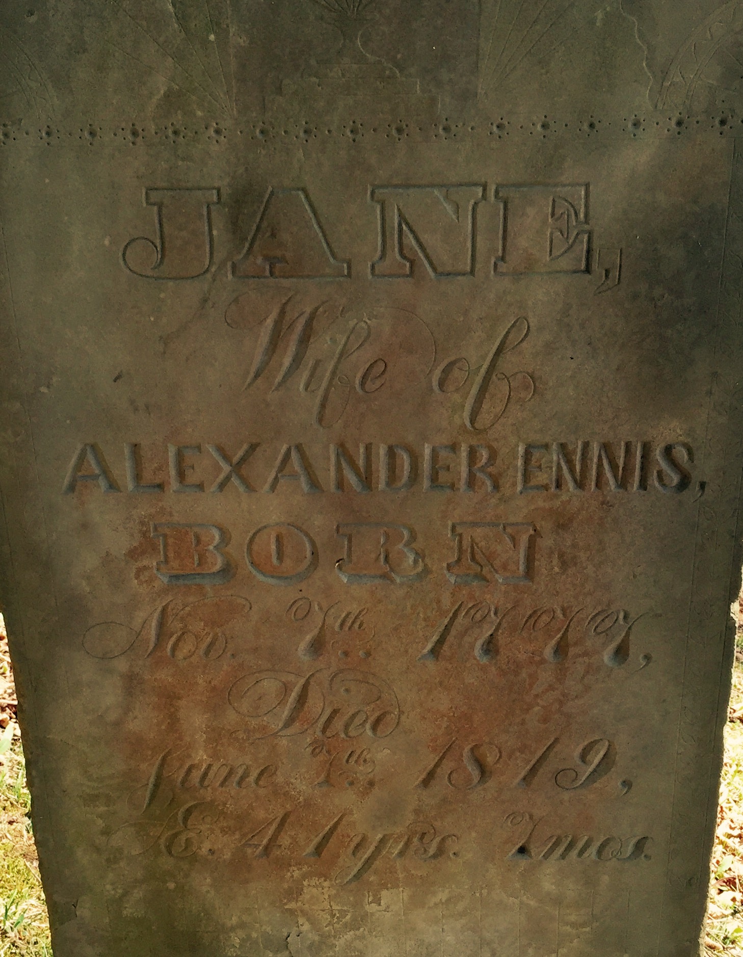 Closeup of gravestone of Jane Ennis