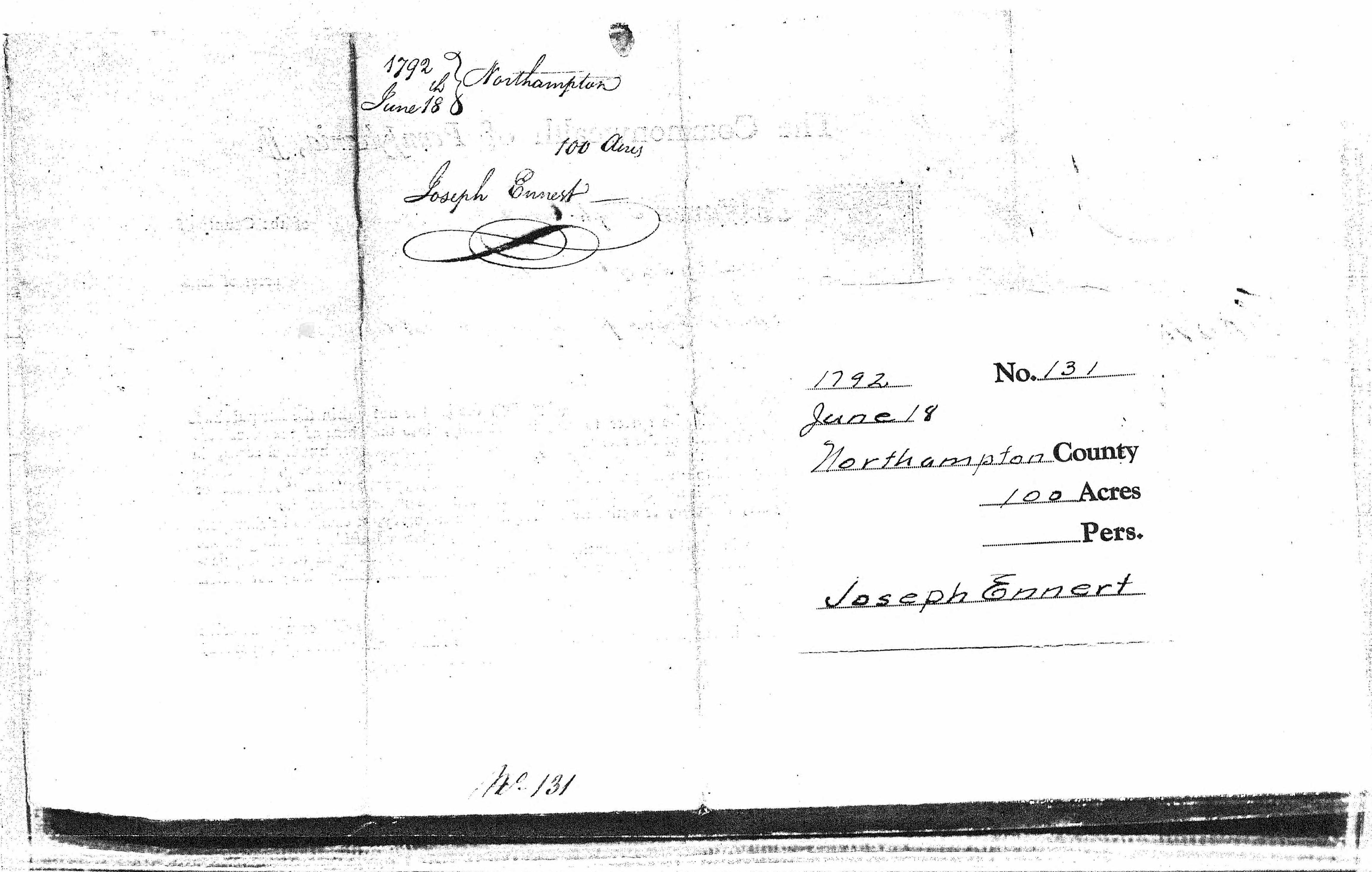 Land warrant of Joseph Ennest, page 1