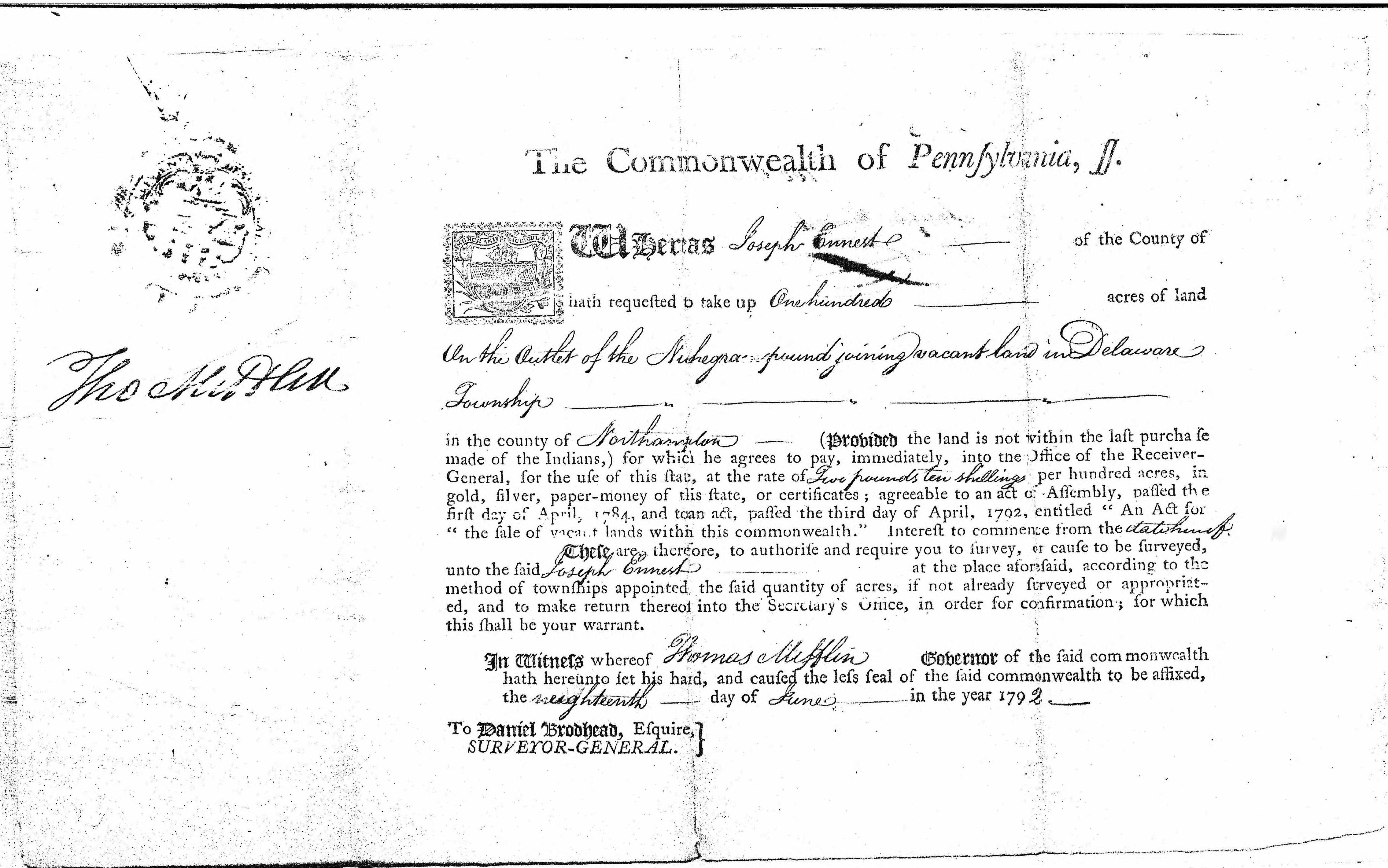 Land warrant of Joseph Ennest, page 2