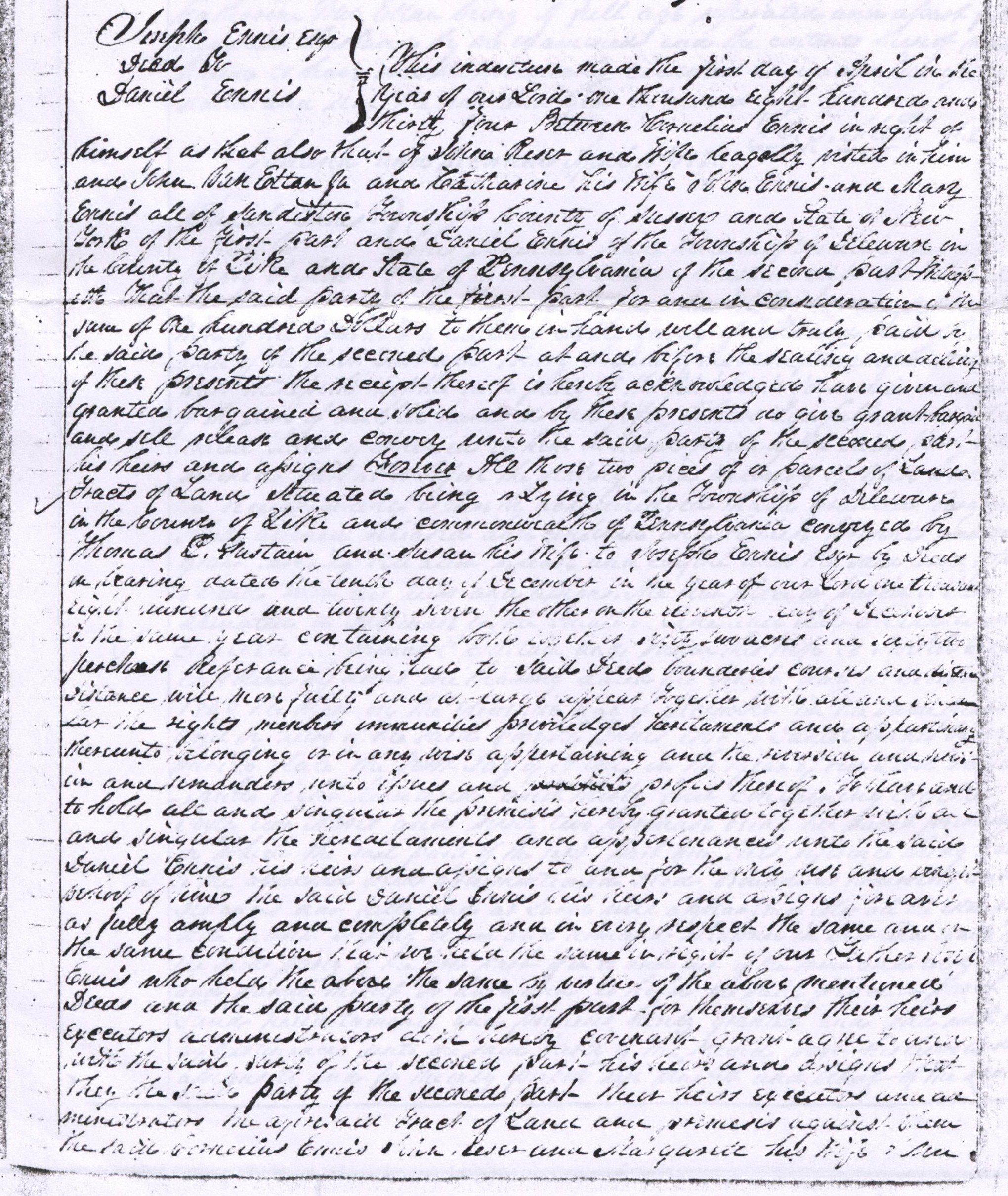 Deed related to the estate of Joseph Ennest, page 1