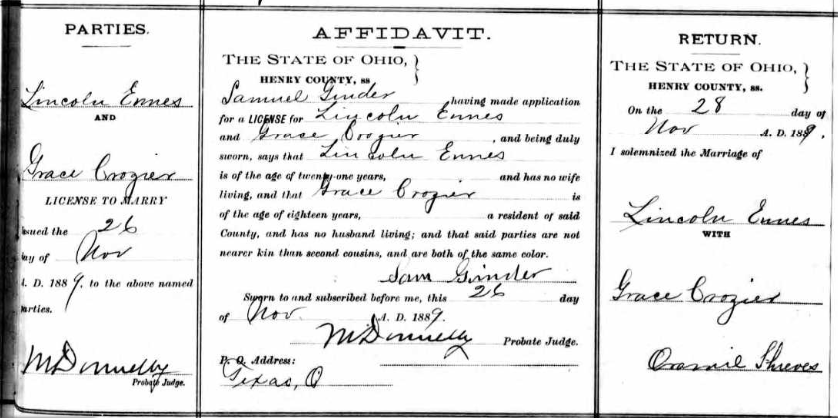 Marriage record of Linoln Ennes and Grace Crozier