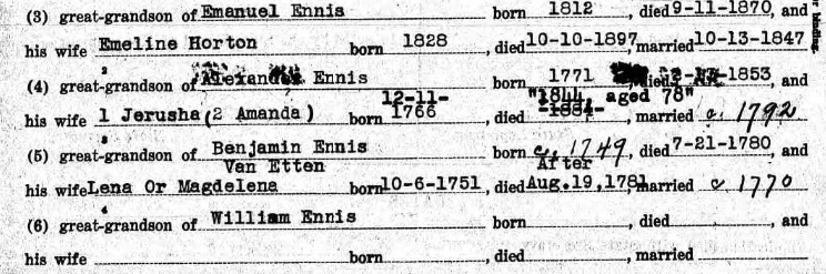 Excerpt of an application, showing the lineage from an Emanuel Ennis, son of Alexander, son of Benjamin, son of William