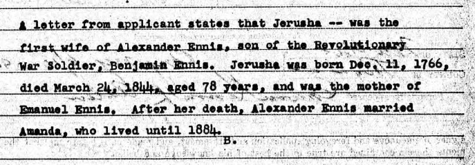 Information from an application on Jerusha, wife of Alexander Ennis