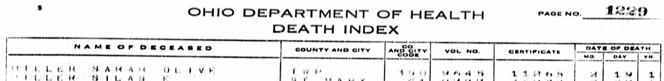 Entry for Sarah Olive Miller in Ohio death records