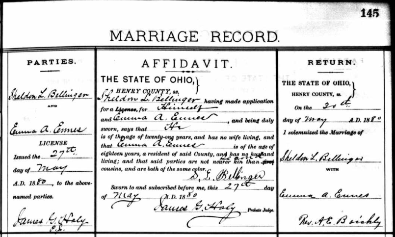 Marriage record of Sheldon L. Bellinger and Emma A. Ennes