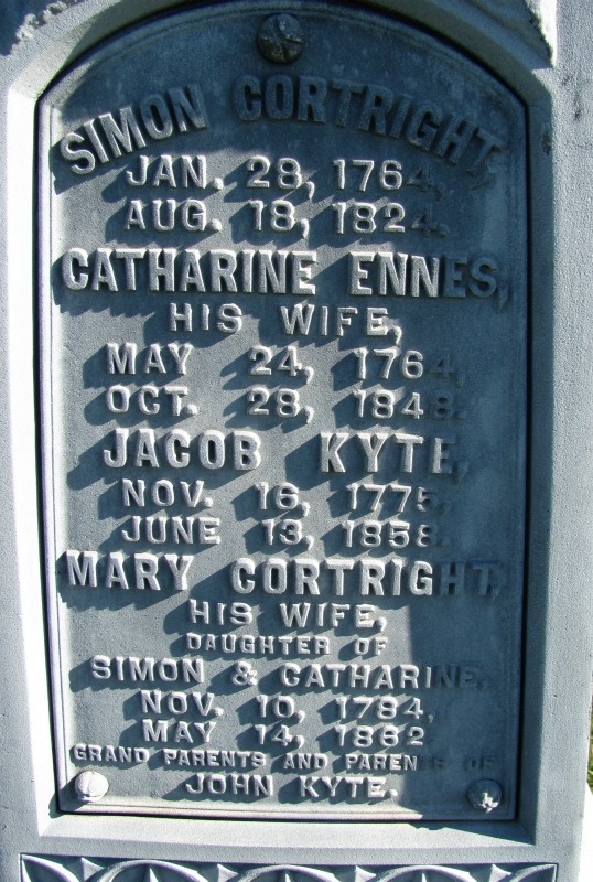 Gravestone of Simon Cortright, Catharine (Ennes) Cortright, their daughter Mary (Cortright) Kyte and her husband Jacob Kyte
