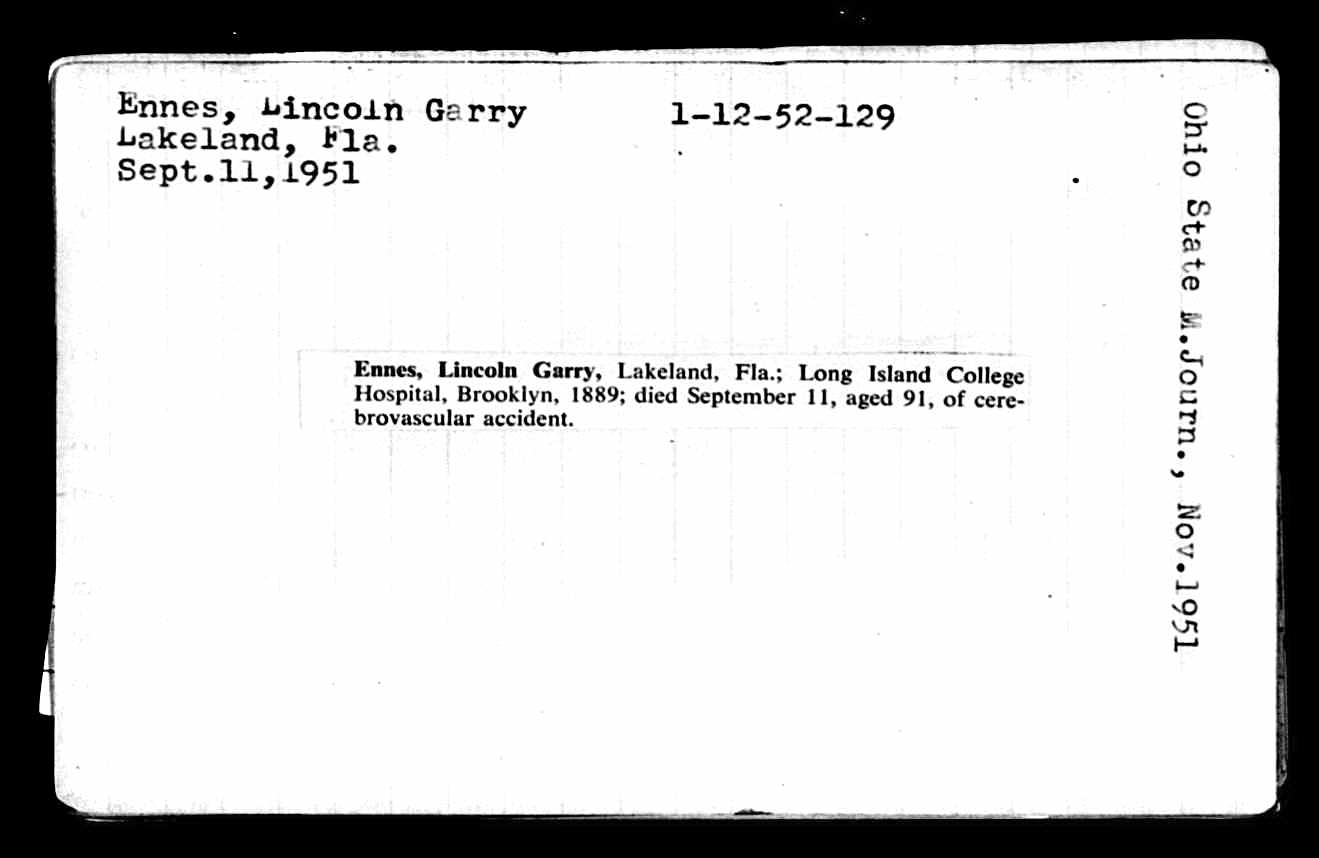Card for Lincoln Garry Ennes in the Deceased Physician File