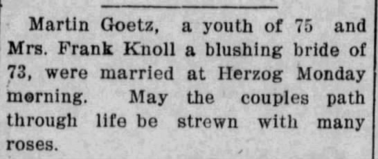 Article about the wedding of Martin Goetz and Mrs. Frank Knoll