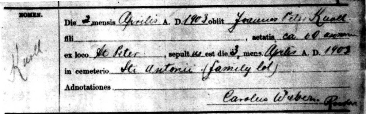 Burial record of Joannes Peter Knoll