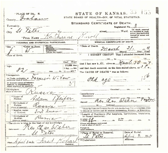 Death certificate of Kathrine (Pfeifer) Knoll