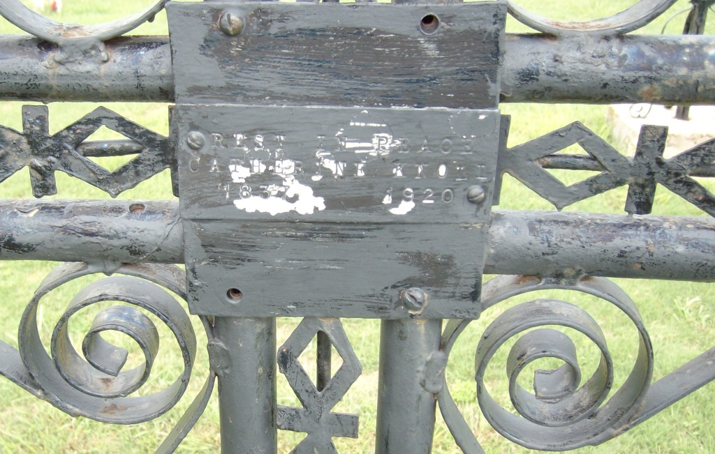 Closeup of plaque on grave marker of Catherine Knoll