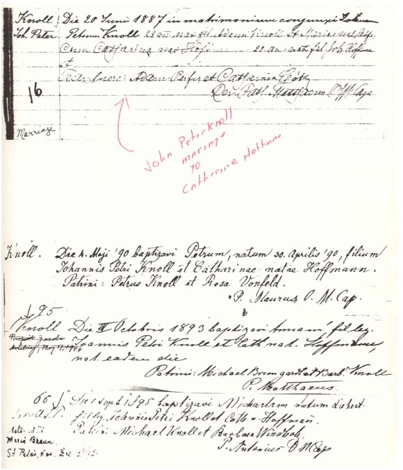 Marriage record of John Peter Knoll and Catherine Hoffman, baptisms of several children
