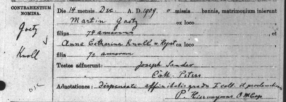 Marriage record of Martin Goetz and Anna Catharina Knoll nee Hergert