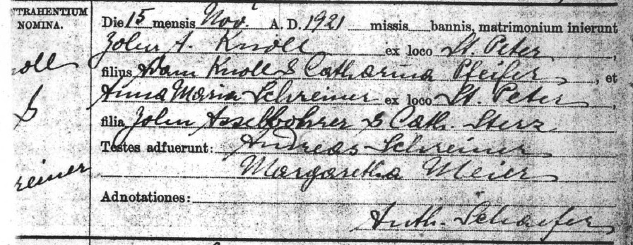 Marriage record of John A. Knoll and Anna Maria Asselborhn Schreiner