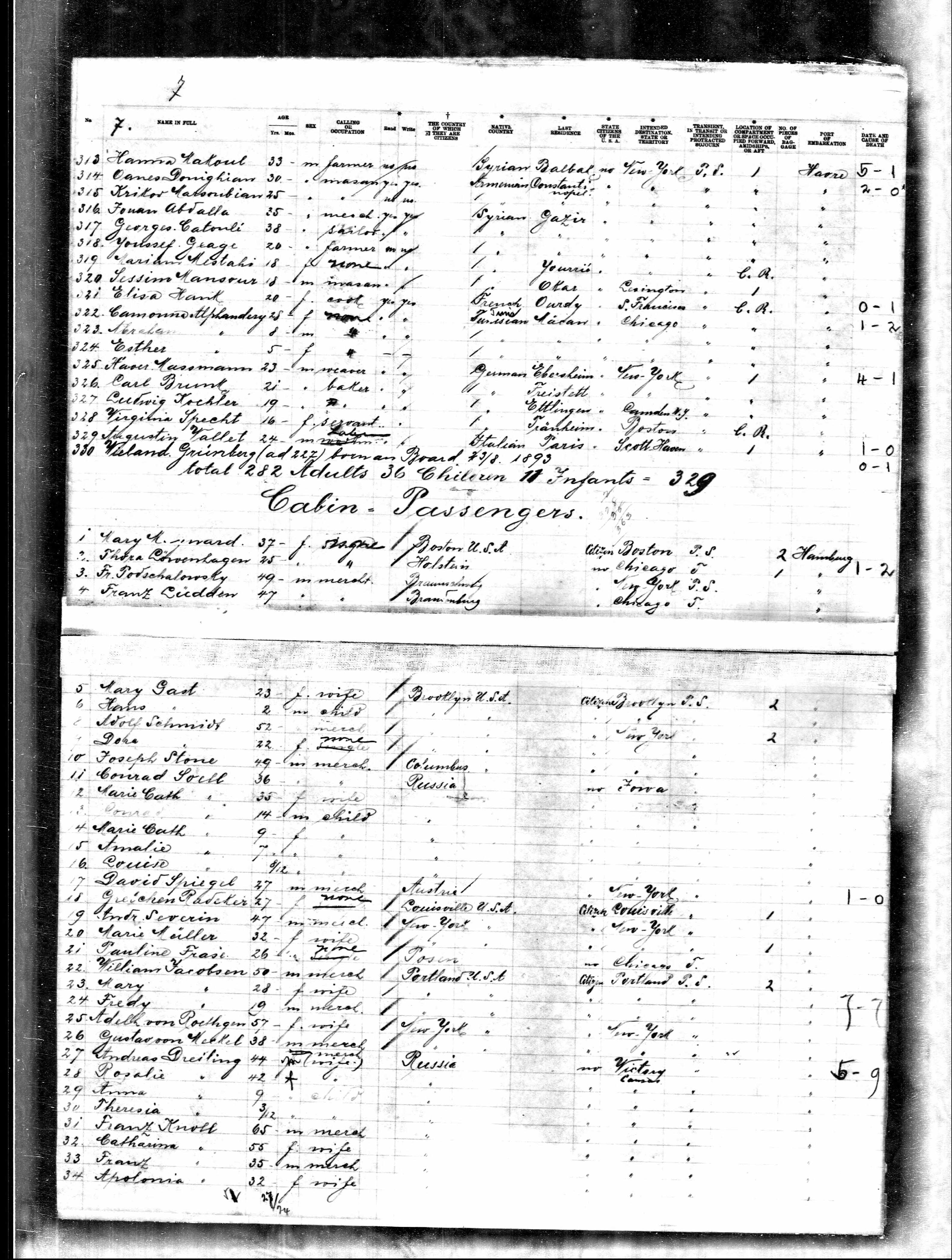 Passengers' list, including the Franz and Catharina Knoll family