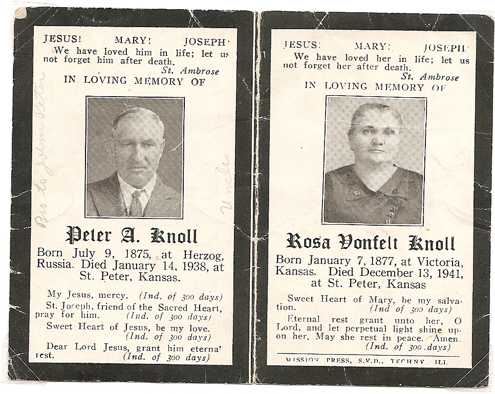 Prayer cards for Peter A. Knoll and Rosa Vonfelt Knoll
