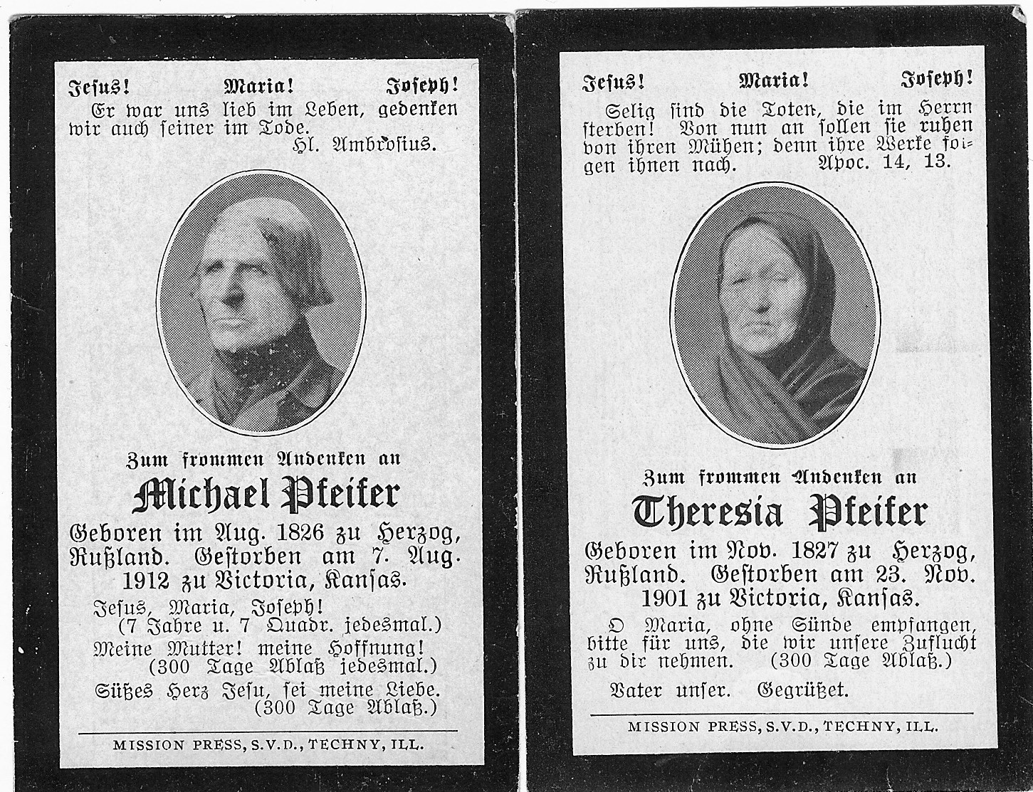 Prayer cards for Michael and Theresia Pfeifer