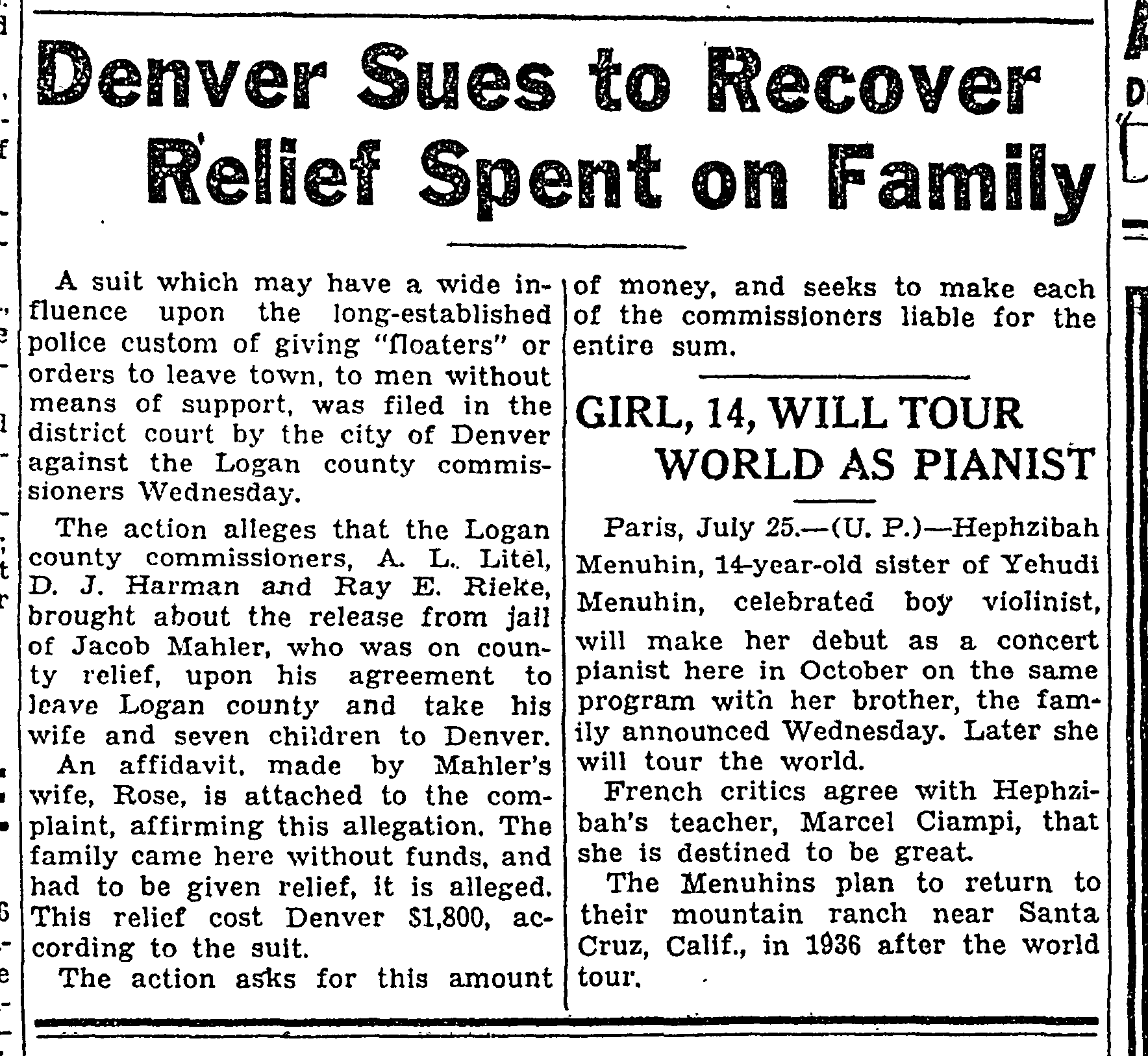 Article: Denver Sues to Recover Relief Spent on Family"