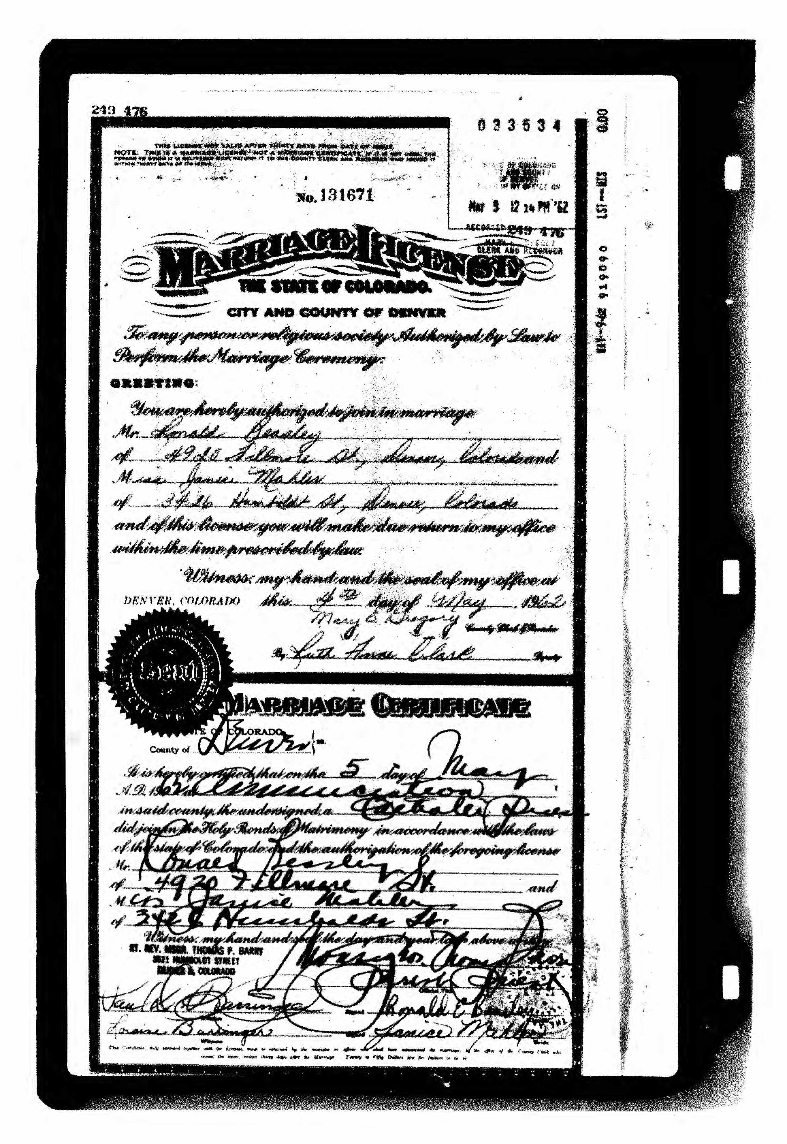 Marriage record of Ronald Beasley and Janice Mahler