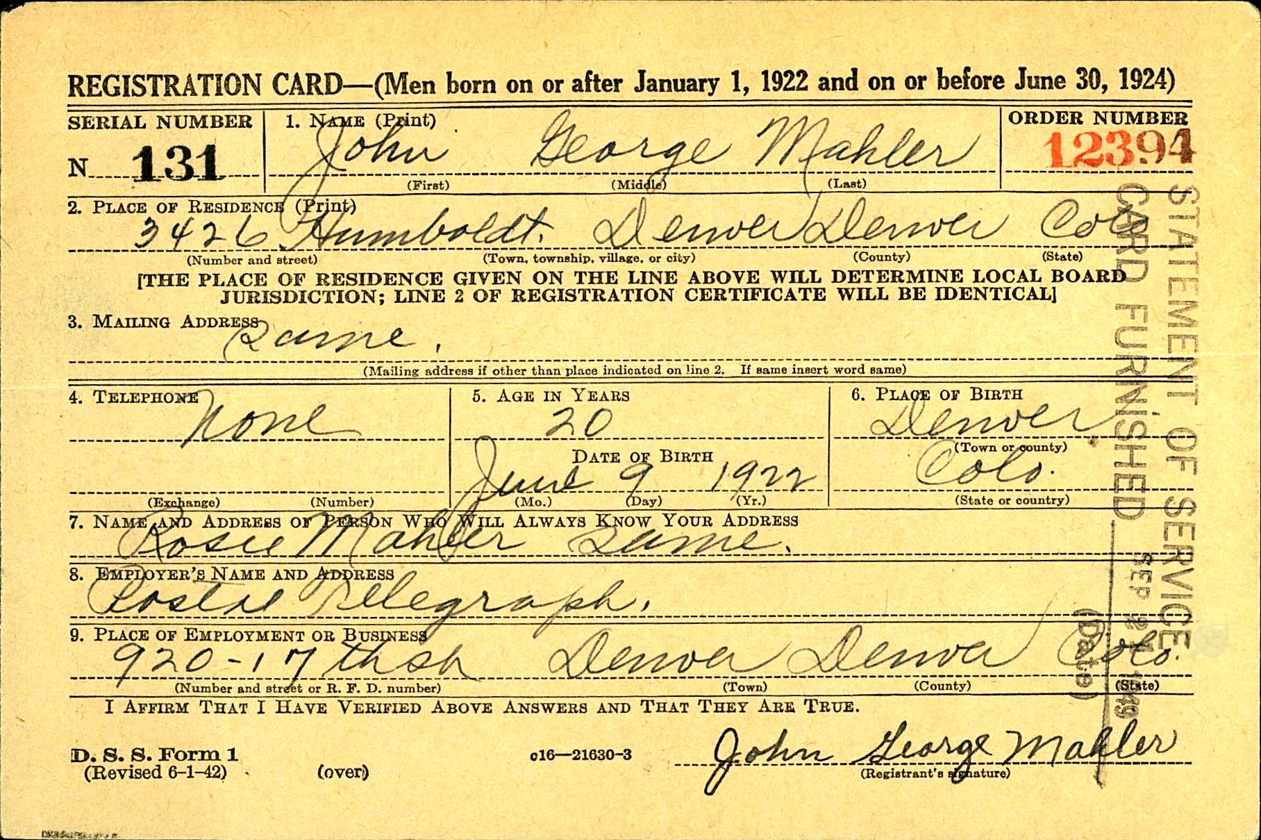 World War II draft card of John George Mahler, page 1