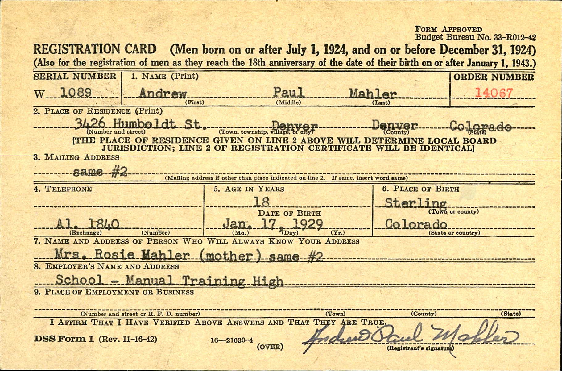 World War II draft card of Andrew Paul Mahler, page 1