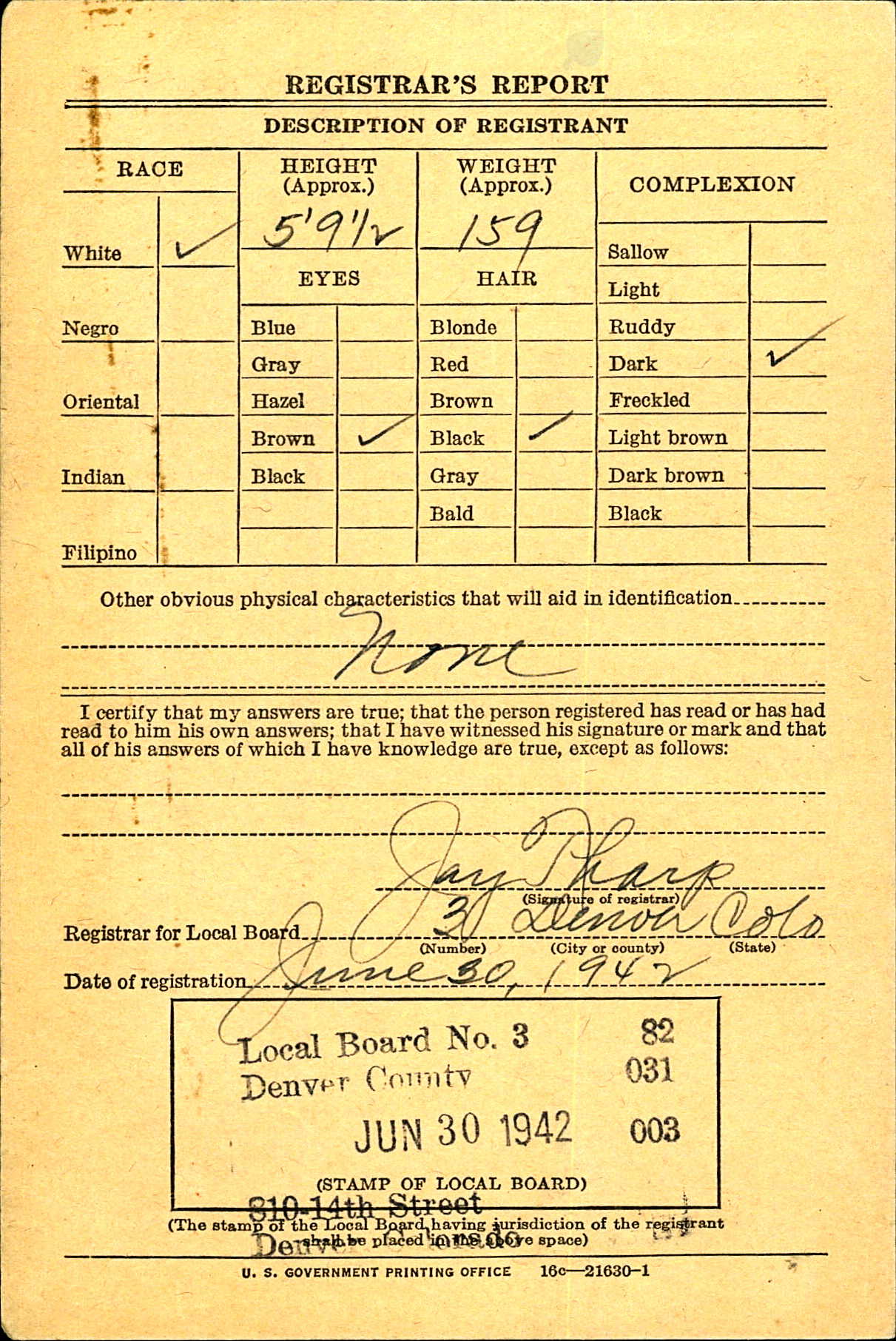 World War II draft card of John George Mahler, page 2