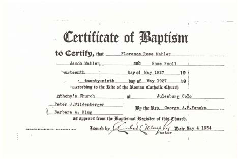 Baptismal record of Florence Rose Mahler