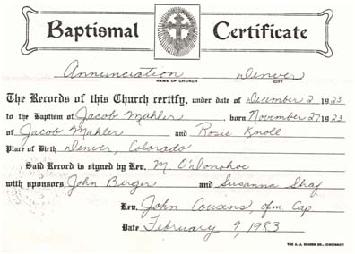 Baptismal record of Jacob Mahler