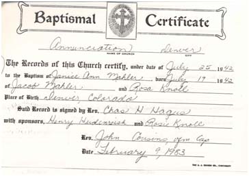 Baptismal record of Janice Ann Mahler
